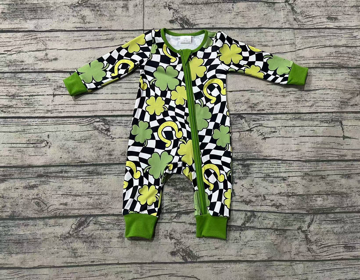 LR2090 Four Leaf Clover Black and White Plaid Zipper Long Sleeve Bodysuit