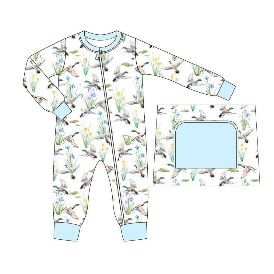 presale LR2094 Duck Floral Blue and White Zipper Long Sleeve Bodysuit 2024 10.11