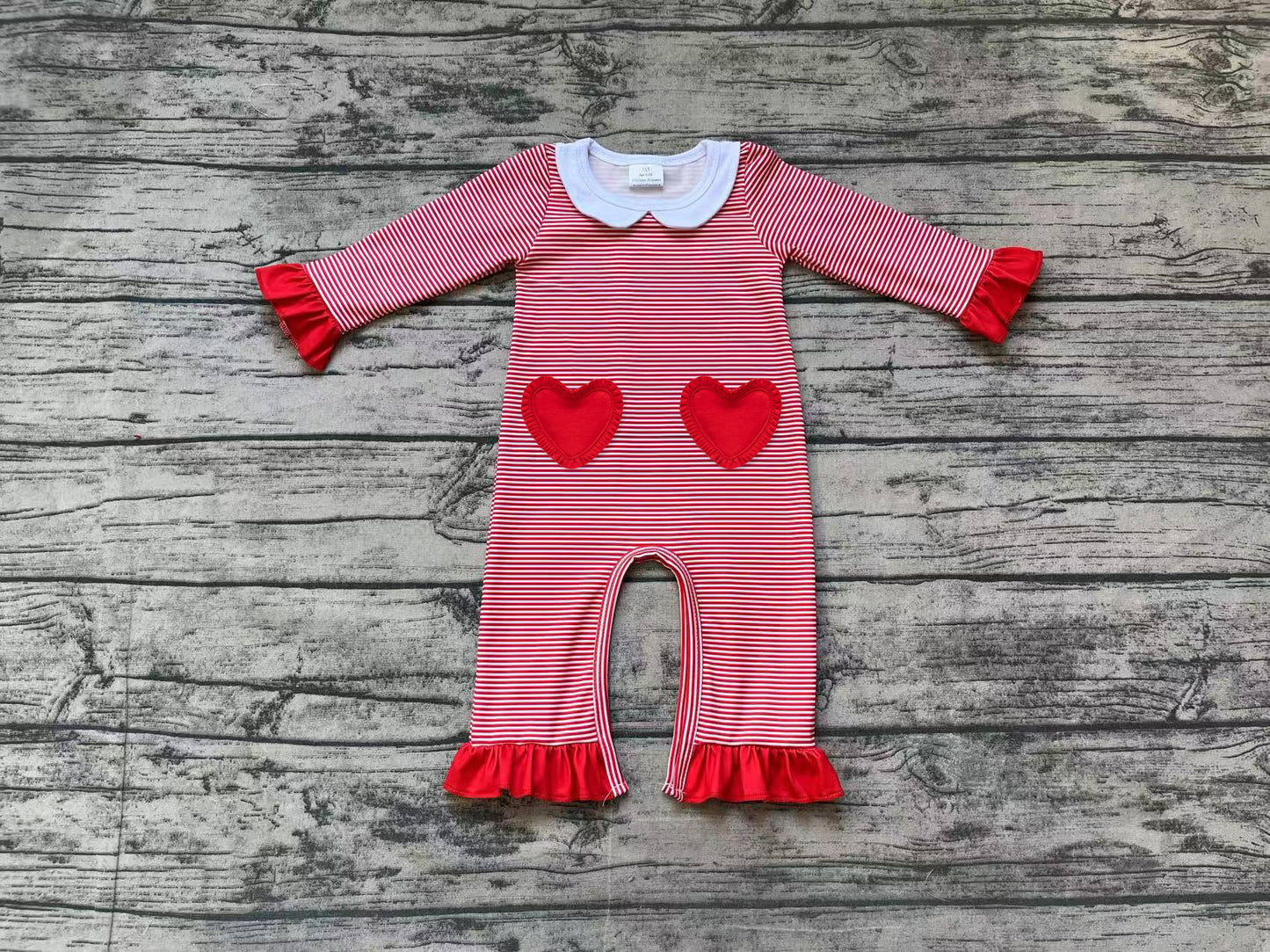 LR2113 Valentine's Day Red Heart Lace Doll Collar Striped Long Sleeve Bodysuit