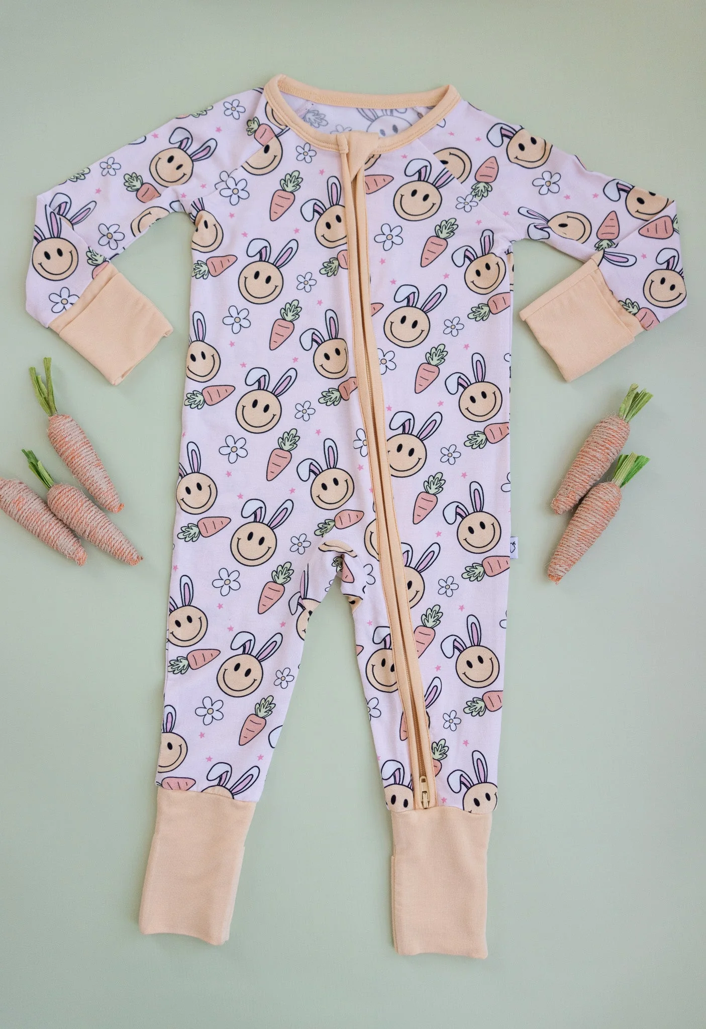 presale LR2124 Easter Bunny Smiley Face Flowers Carrot Pink Zipper Long Sleeve Bodysuit 2024 10.21