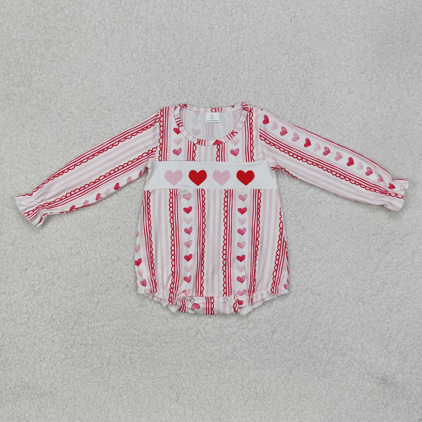 LR2134 Valentine's Day Heart Lace Stripe Pattern Pink and White Long Sleeve Bodysuit