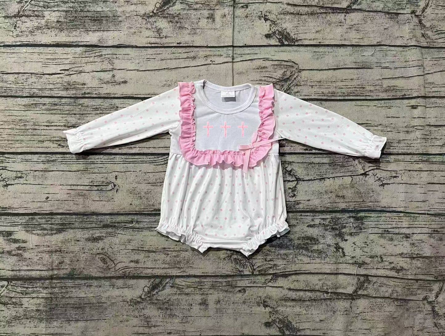 LR2136 Baby Infant Girls Pink Dots Cross Easter Rompers