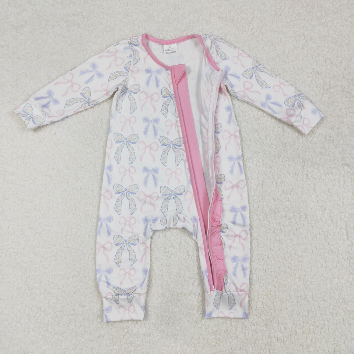 LR2158 Light blue bow pattern lace zip-up long-sleeved bodysuit