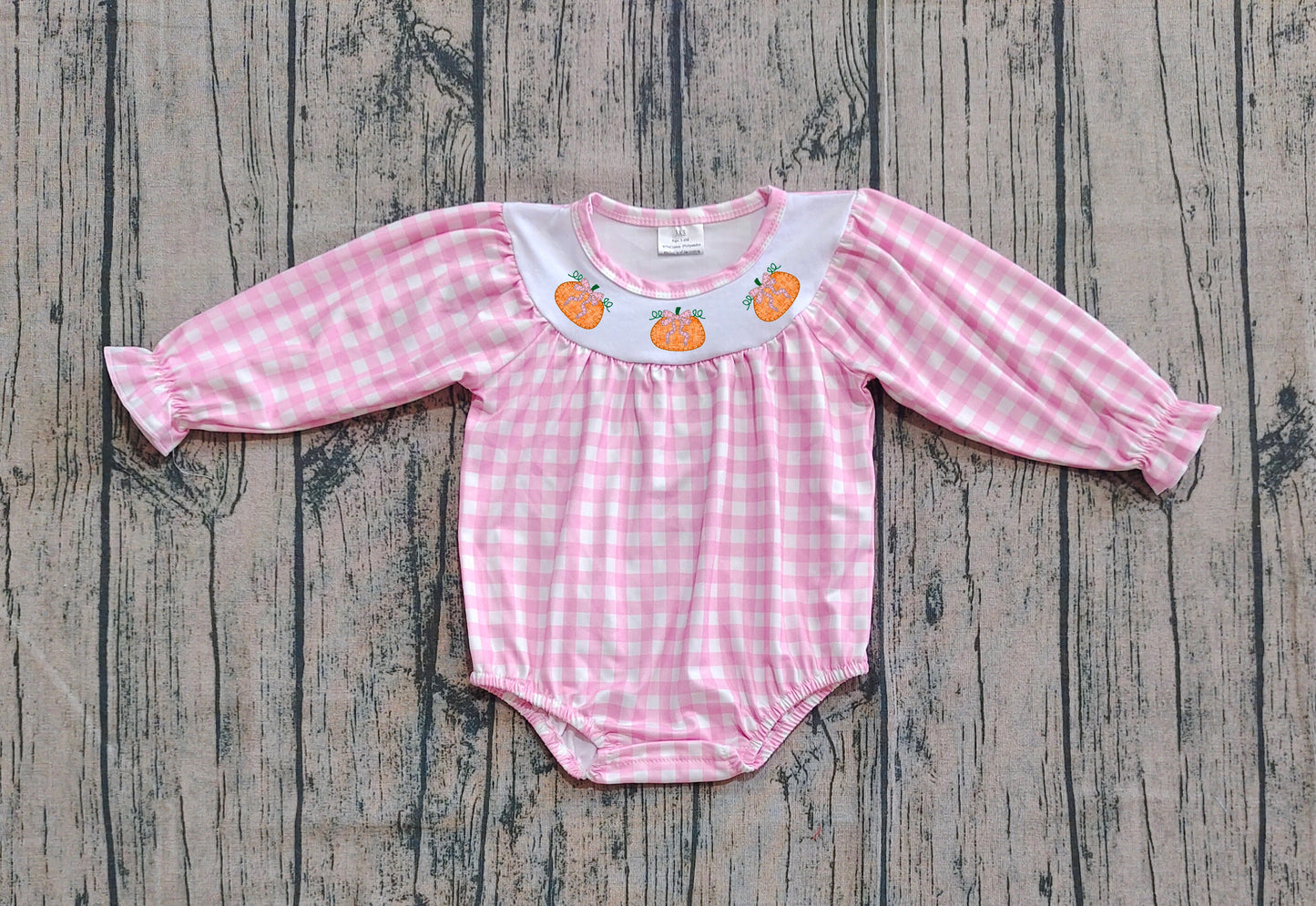 presale LR2181 Smocked Pumpkins Baby Infant Girls Pink Plaid Fall Rompers D 8.11