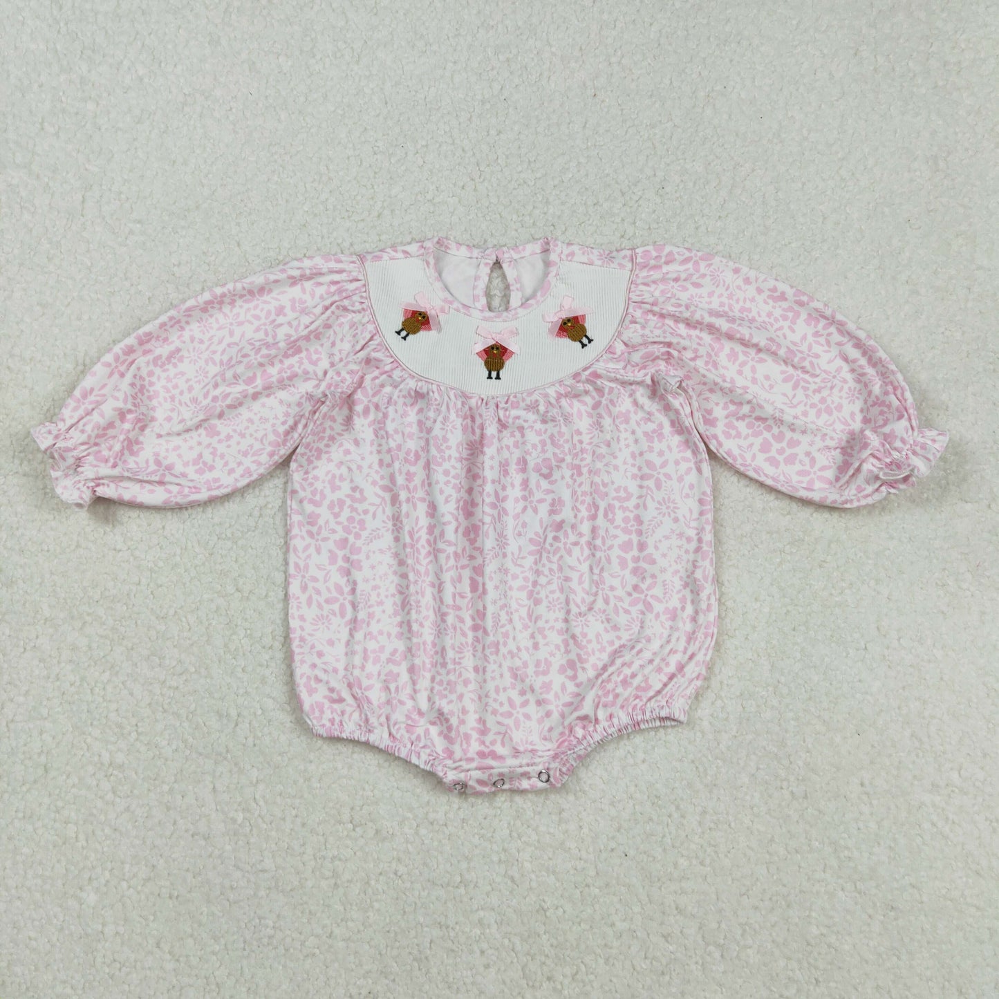 LR2184 Baby Infant Girls Pink Flowers Thanksgiving Turkey Smocked Rompers D 901