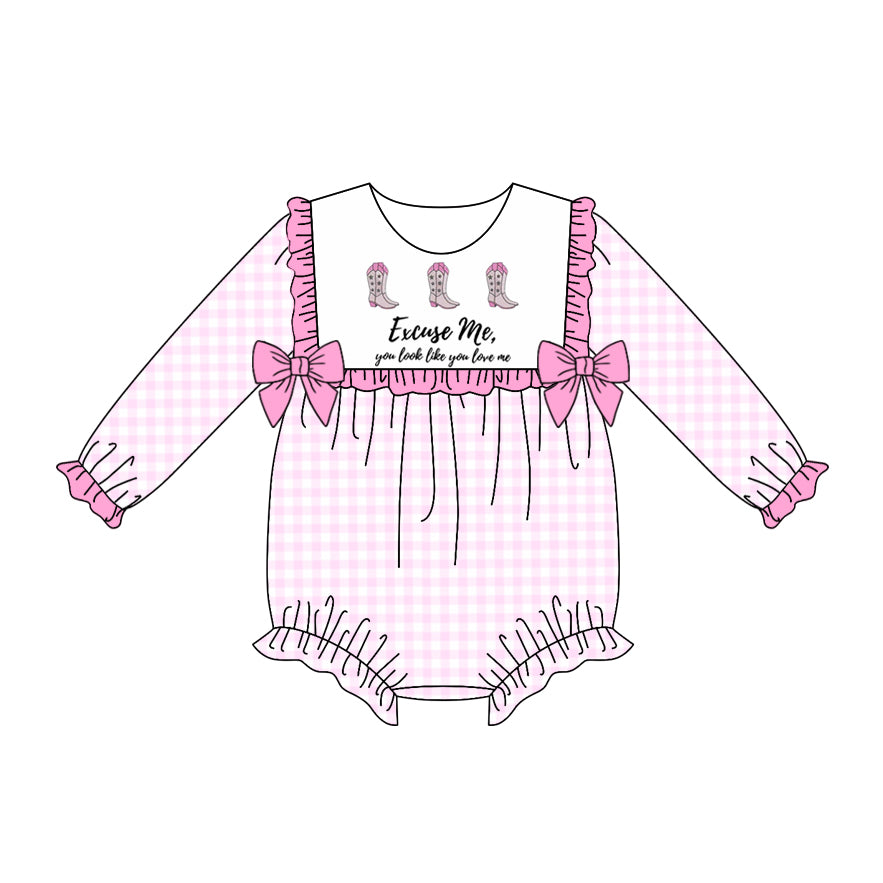 LR2190 Letter Boots Lace Bowknot Pink Plaid Long Sleeve Bodysuit D 5.22