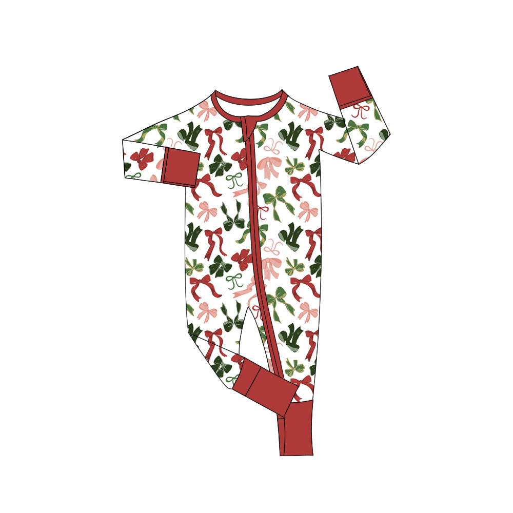 LR2203 Baby Kids Long Sleeves Red Green Bows Zipper Pant Rompers D 6.24