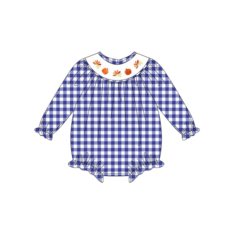 presale LR2204 Baby Girls Long Sleeves Blue Plaid Smocked Turkey Pumpkins Ruffle Rompers D 5.14