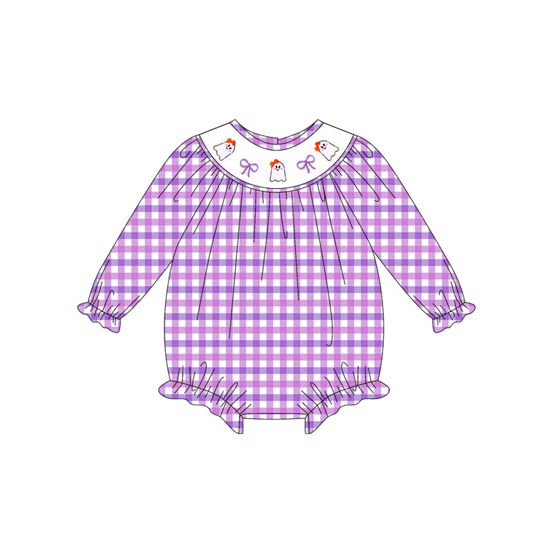presale LR2206 Baby Girls Long Sleeves Purple Plaid Smocked Bows Ghosts Ruffle Rompers D 5.14