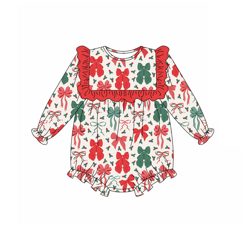 LR2209 Baby Girls Long Sleeves Red Green Bows Ruffle Rompers D 6.24