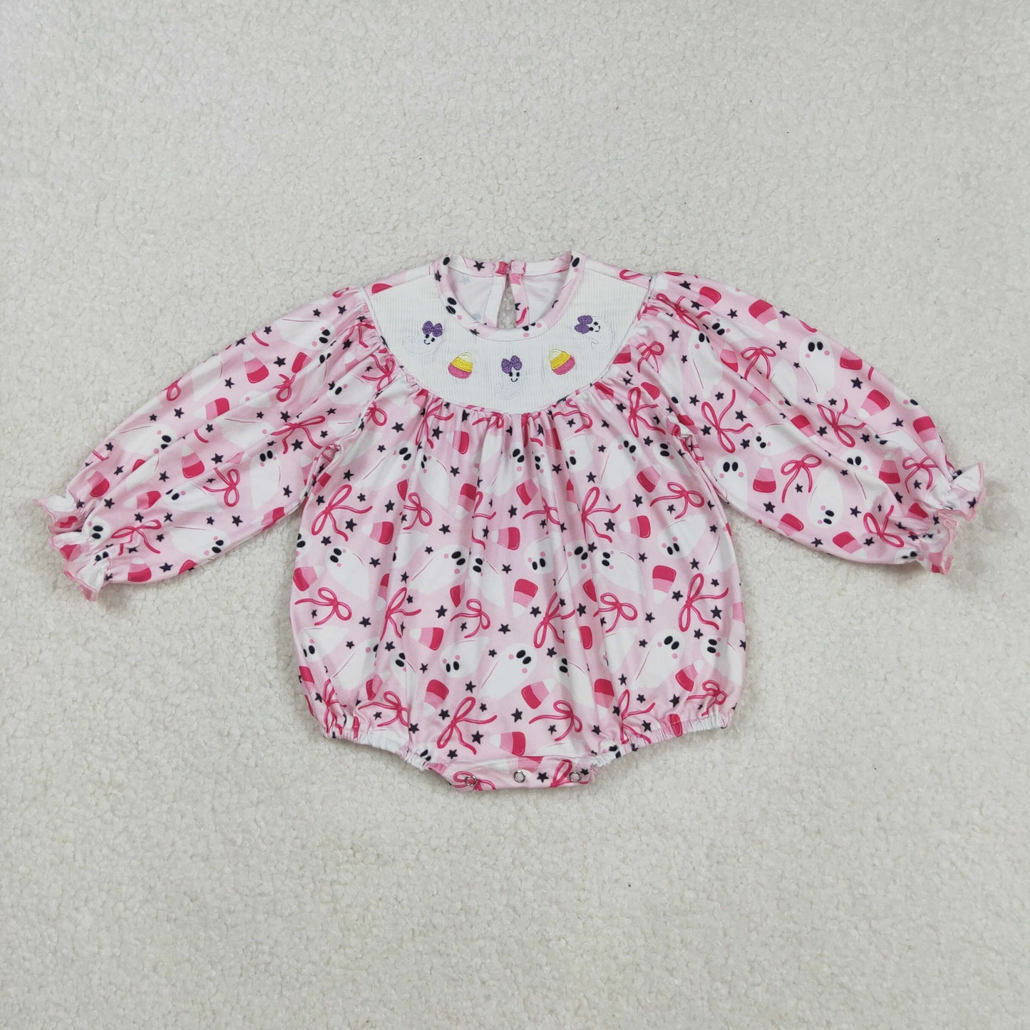 LR2216 Ghost candy corn smocked bow girls Halloween romper D 901