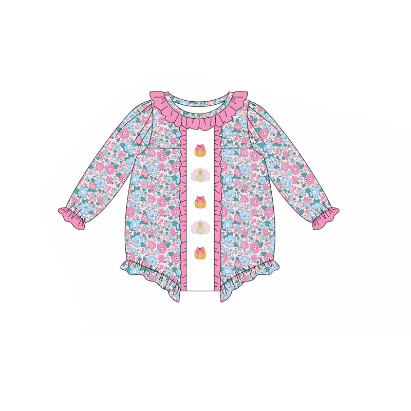 LR2219 Long sleeves floral pumpkin turkey girls Thanksgiving romper D 6.24