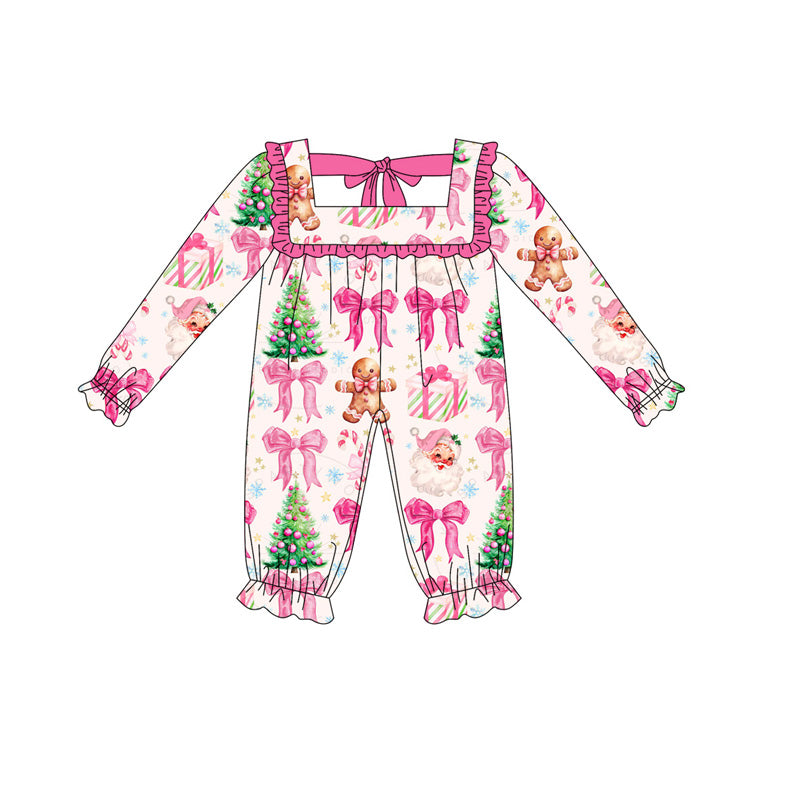 presale LR2221 Baby Girls Long Ruffle Sleeves Pink Santa Gingerbread Pant Rompers D 5.16