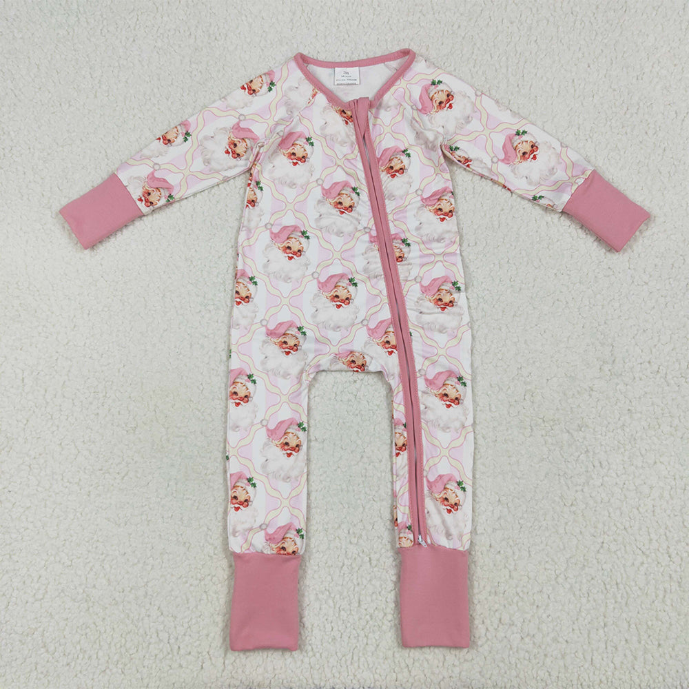 LR2224 Baby Girls Long Sleeves Pink Santa Plaid Zipper Pant Rompers D 5.16