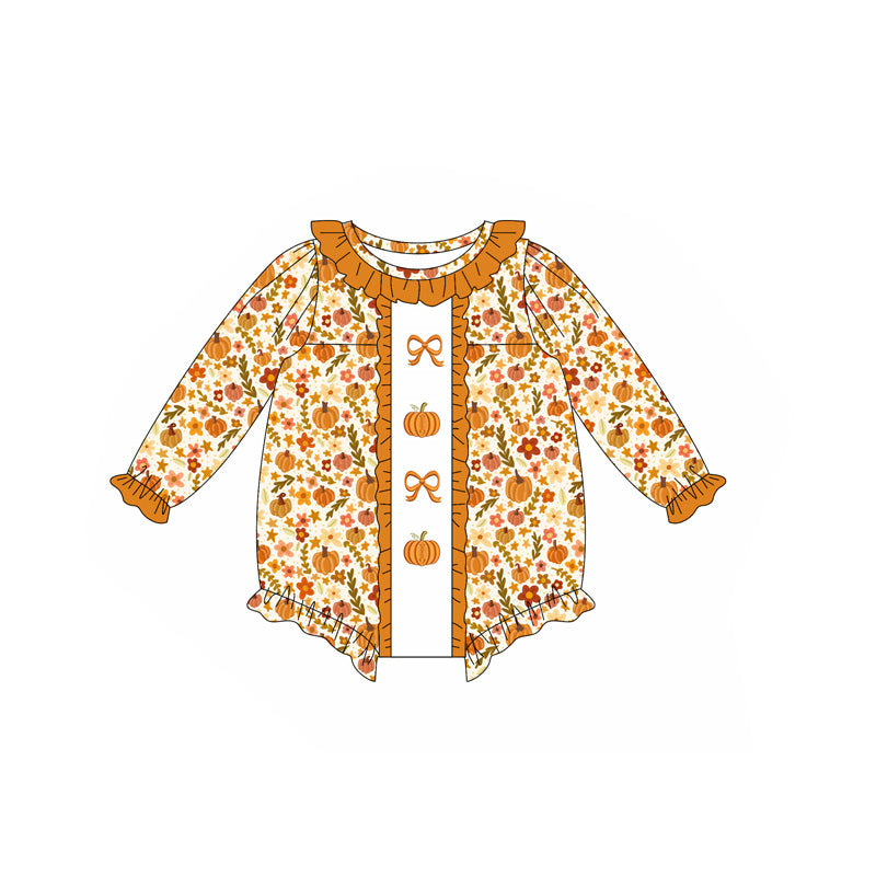 LR2228 Embroidery Baby Girls Long Sleeves Bows Pumpkins Floral Ruffle Rompers D 6.24