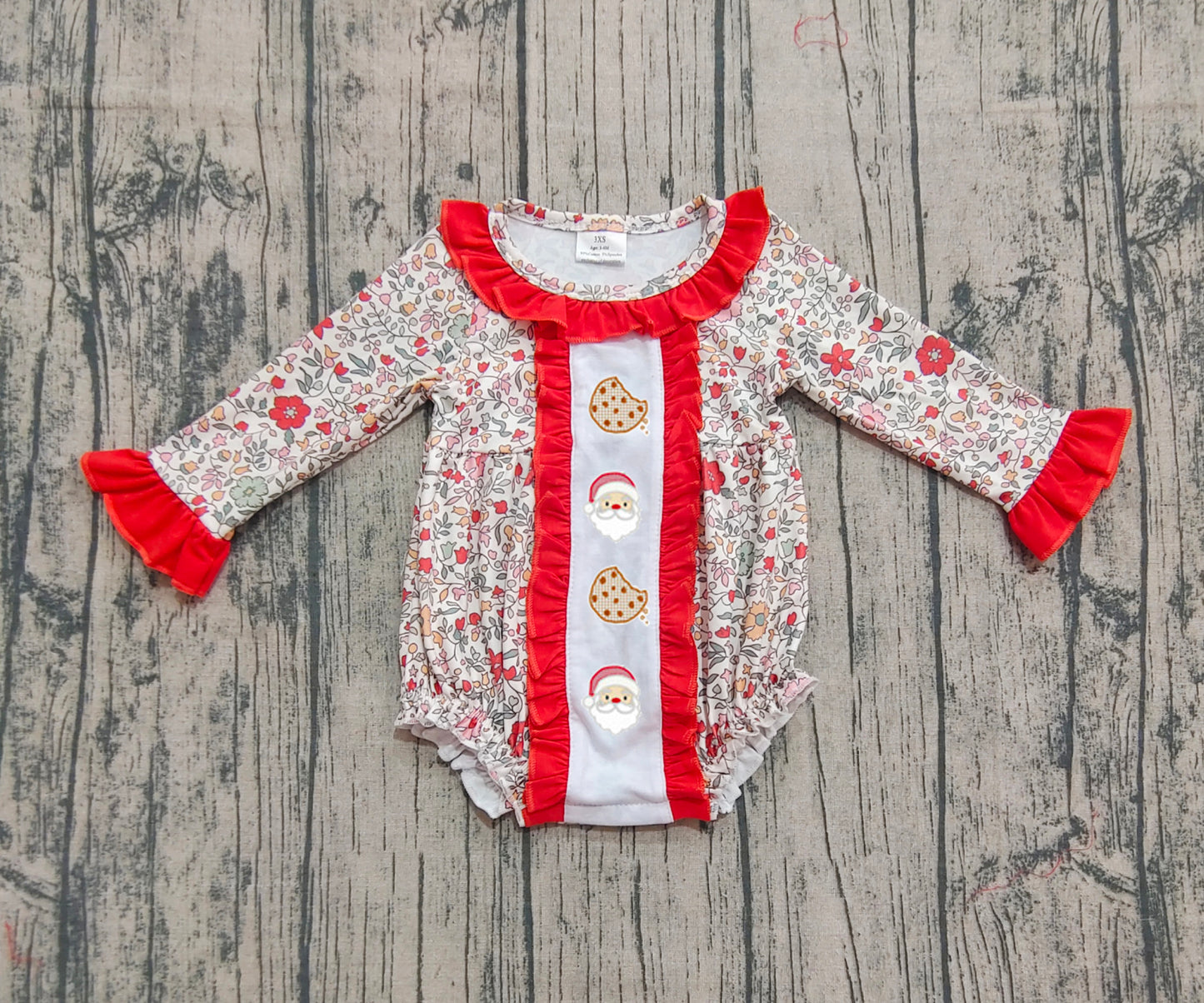 LR2232 Embroidery Ruffle Baby Girls Christmas Floral Santa Cakes Ruffle Rompers D 906