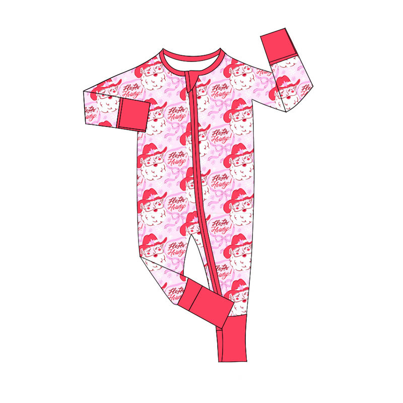presale LR2243 Baby Girls Pink Long Sleeves Bows Santa Plaid Zipper Rompers D 5.23