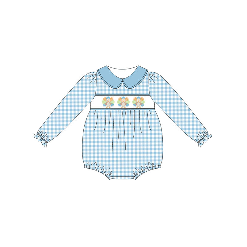 presale LR2245 Baby Girls Blue Plaid Long Sleeves Turkey Ruffle Rompers D 5.23