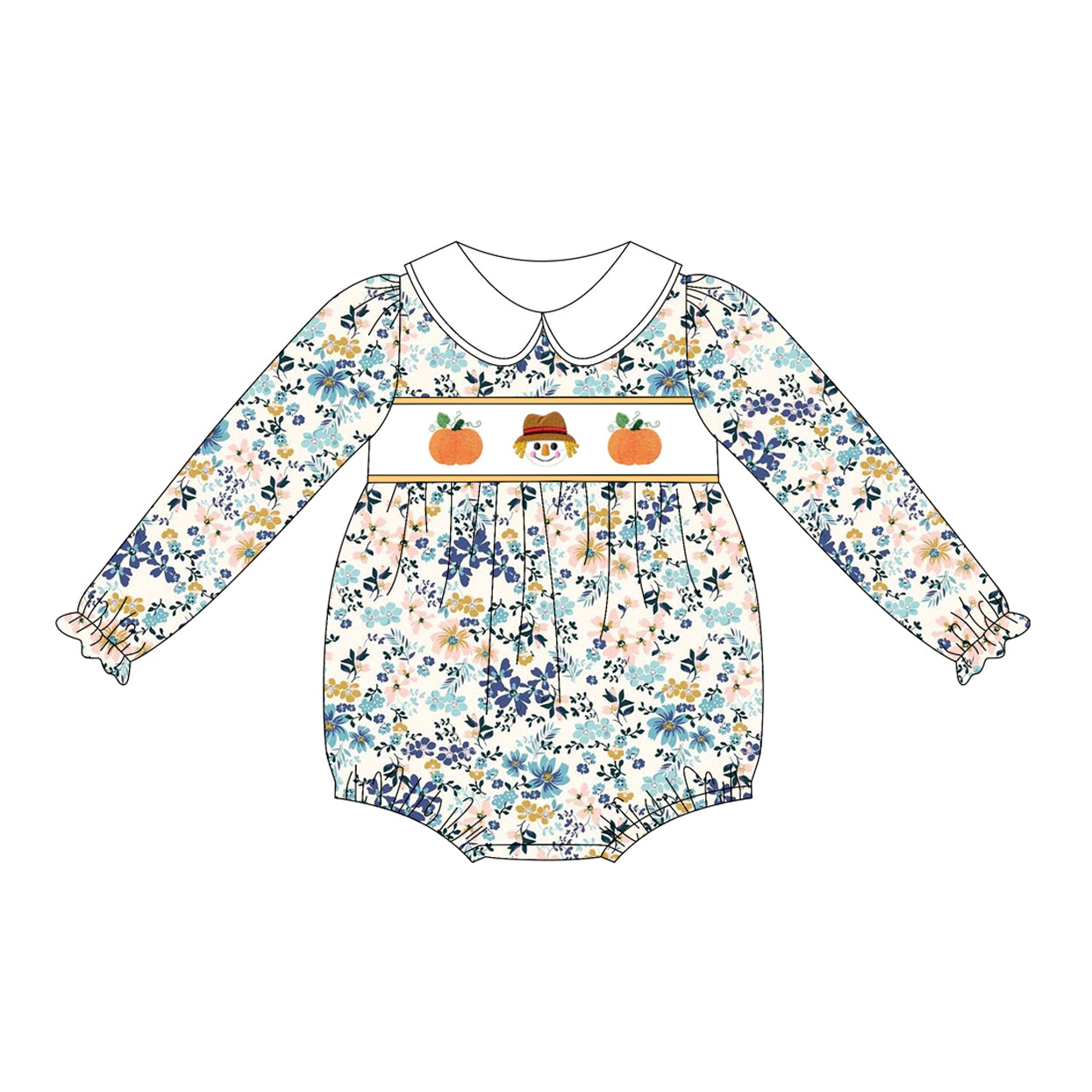 LR2246 Baby Girls Long Ruffle Sleeves Pumpkins Floral Rompers D 822