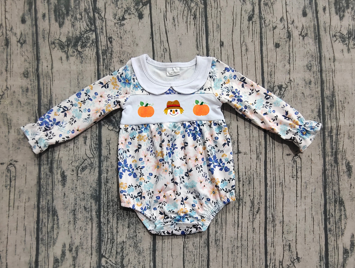 LR2246 Baby Girls Long Ruffle Sleeves Pumpkins Floral Rompers D 822
