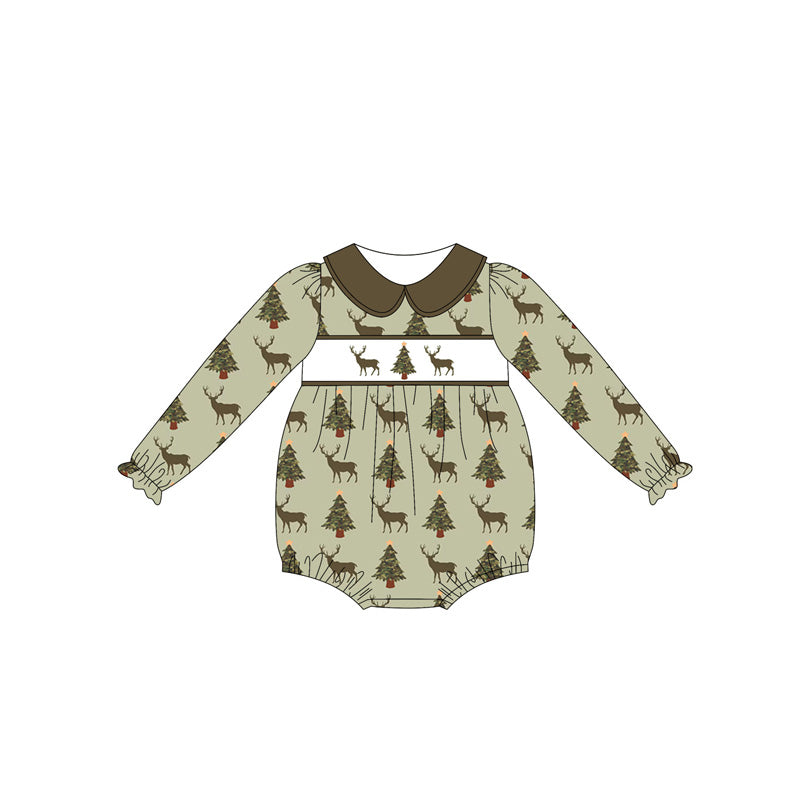 presale LR2249 Baby Girls Long Sleeves Olive Deer Trees Ruffle Rompers D 5.24