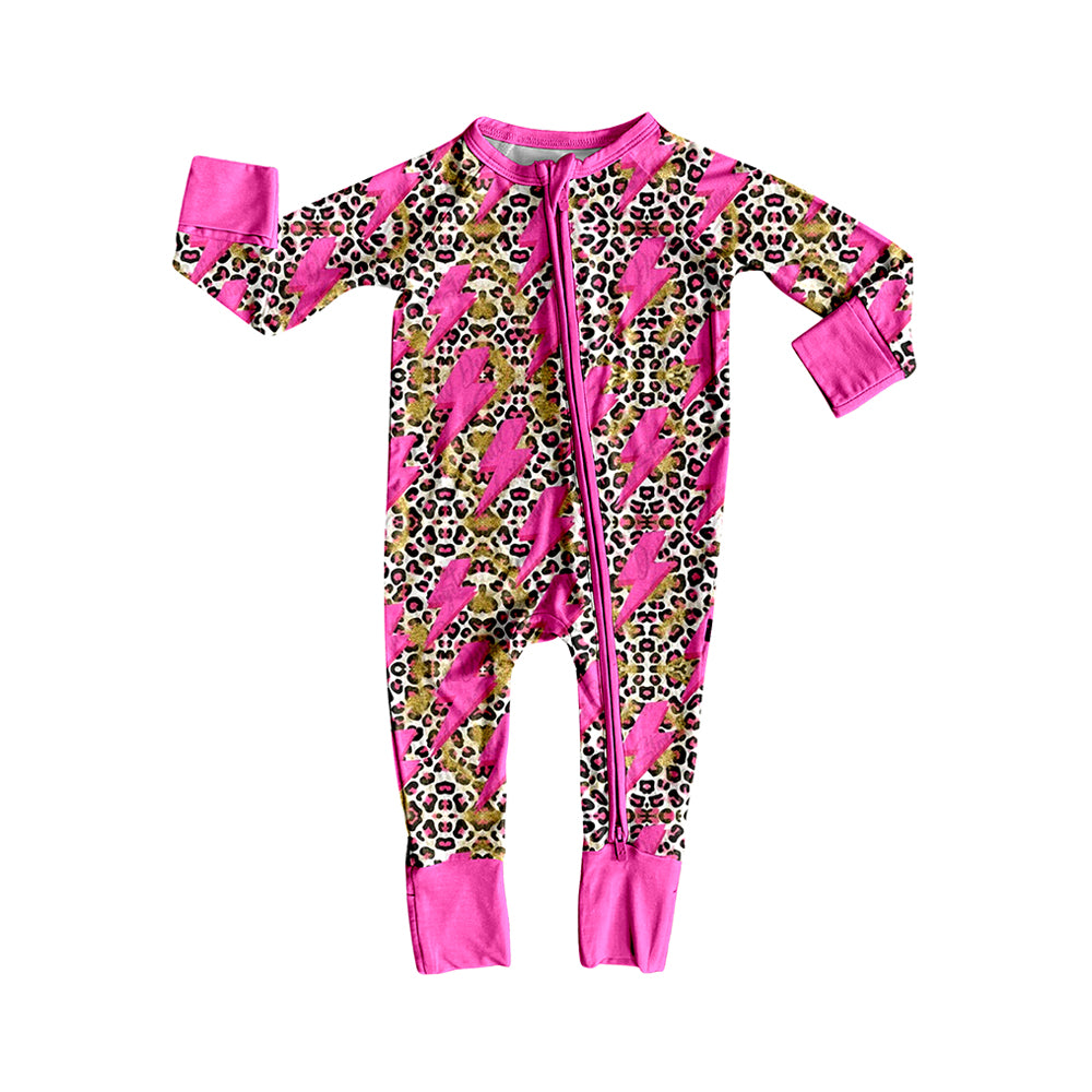 LR2250 Baby Girls Long Sleeves Pink Lightning Leopard Zipper Rompers D 6.28
