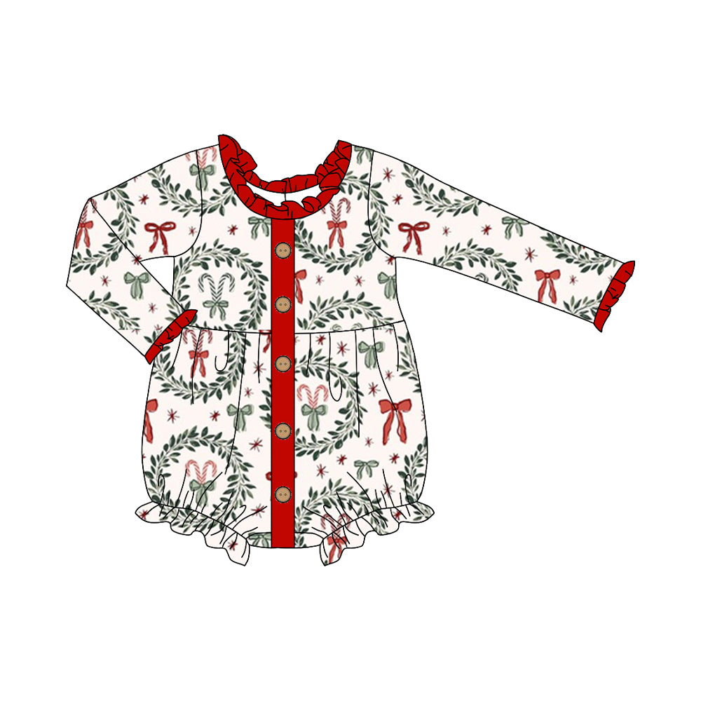presale LR2252 Baby Girls Long Sleeves Red Green Bows Button Ruffle Rompers D 5.24