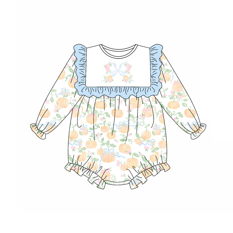 LR2256 Baby Girls Long Sleeves Pumpkins Bows Plaid Ruffle Rompers D 7.5