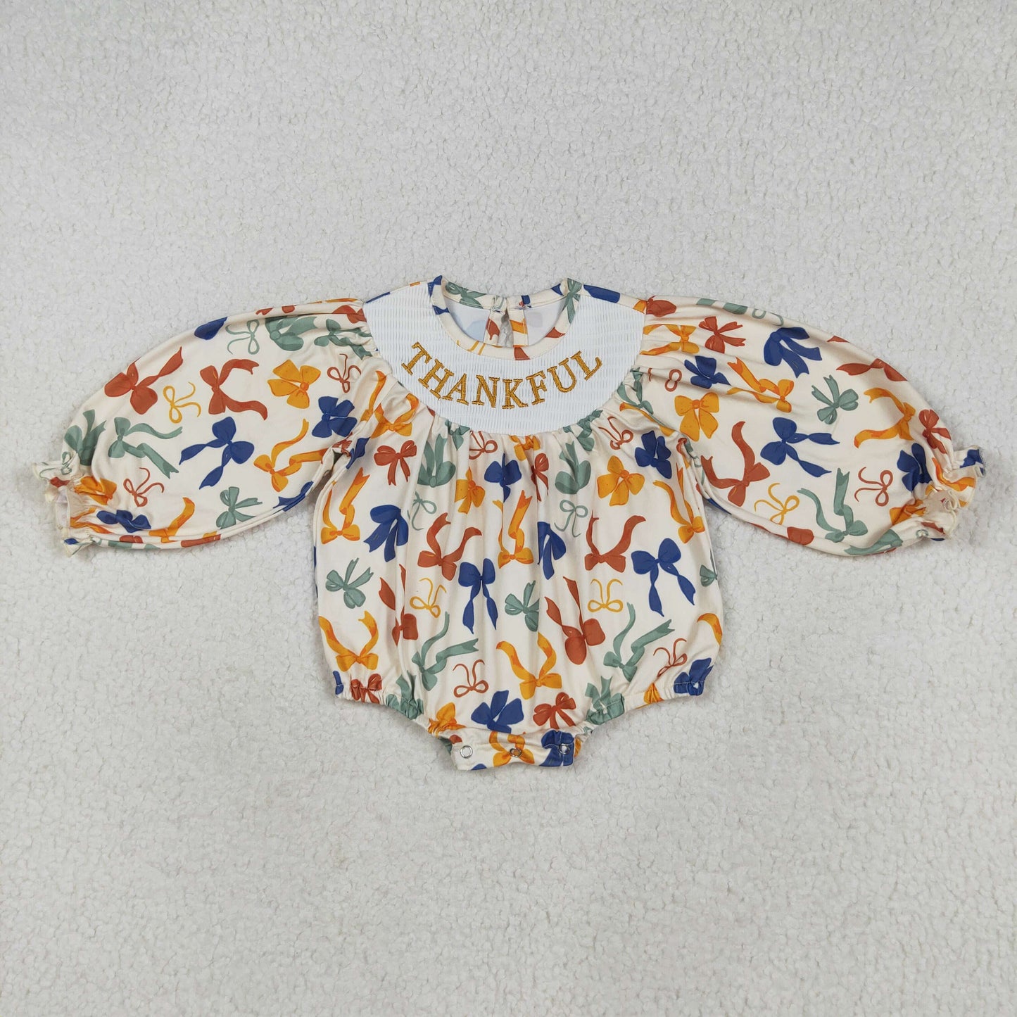 LR2257 Baby Girls Long Sleeves Smocked Thankful Colorful Bows Ruffle Rompers D 7.21