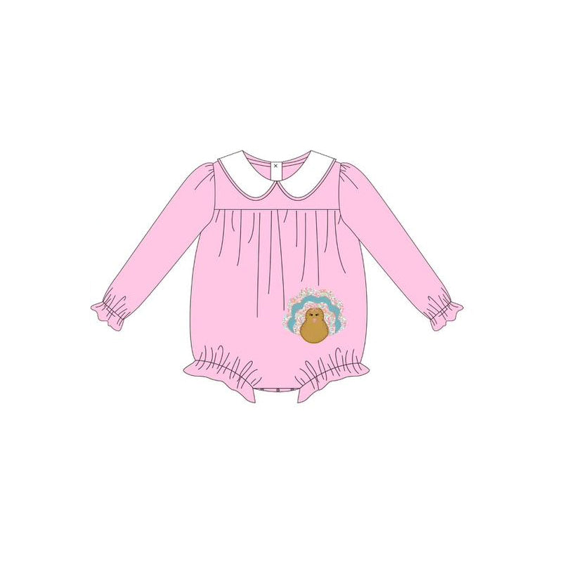 LR2262 Embroidery Baby Girls Pink Long Sleeves Turkey Ruffle Rompers D 7.14