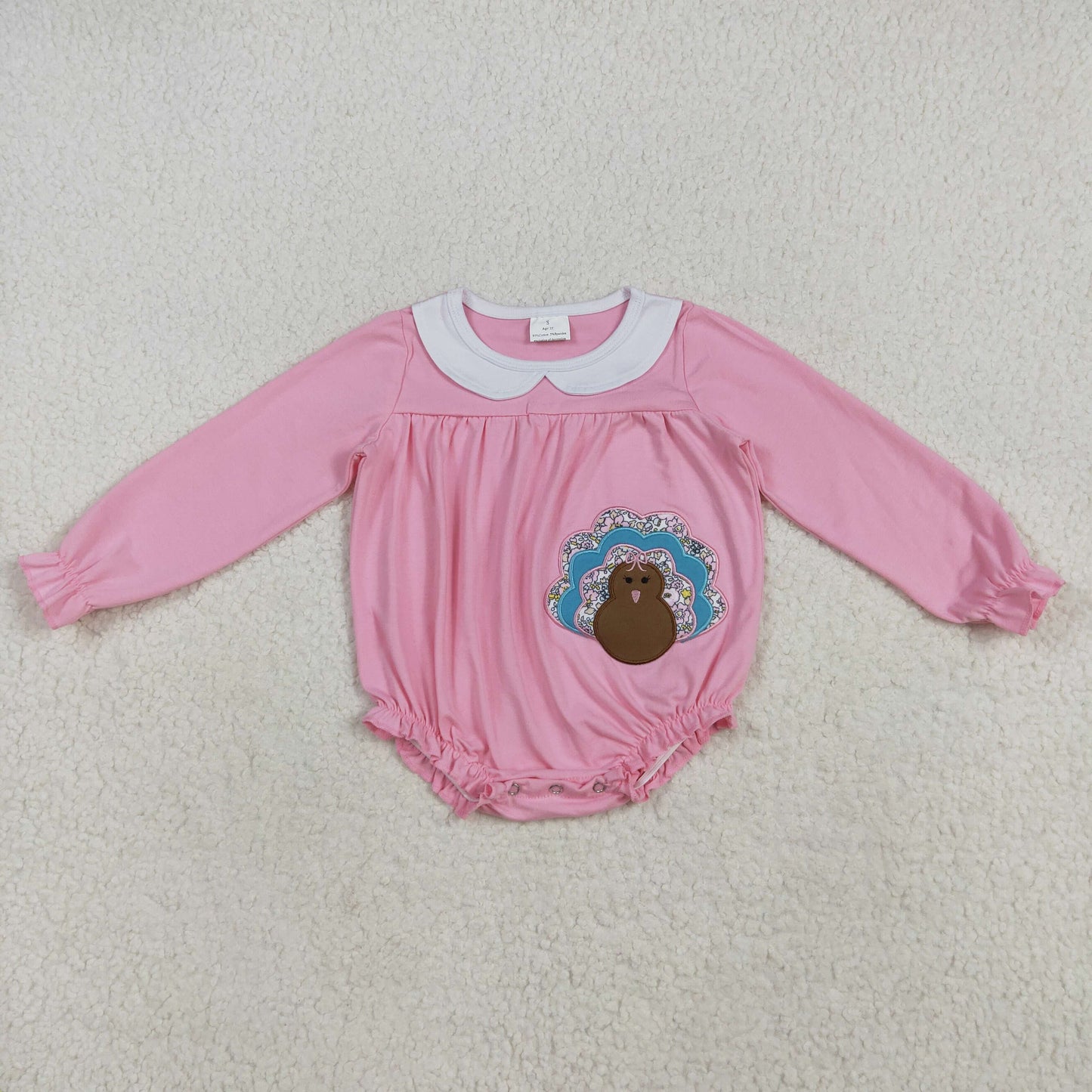 LR2262 Embroidery Baby Girls Pink Long Sleeves Turkey Ruffle Rompers