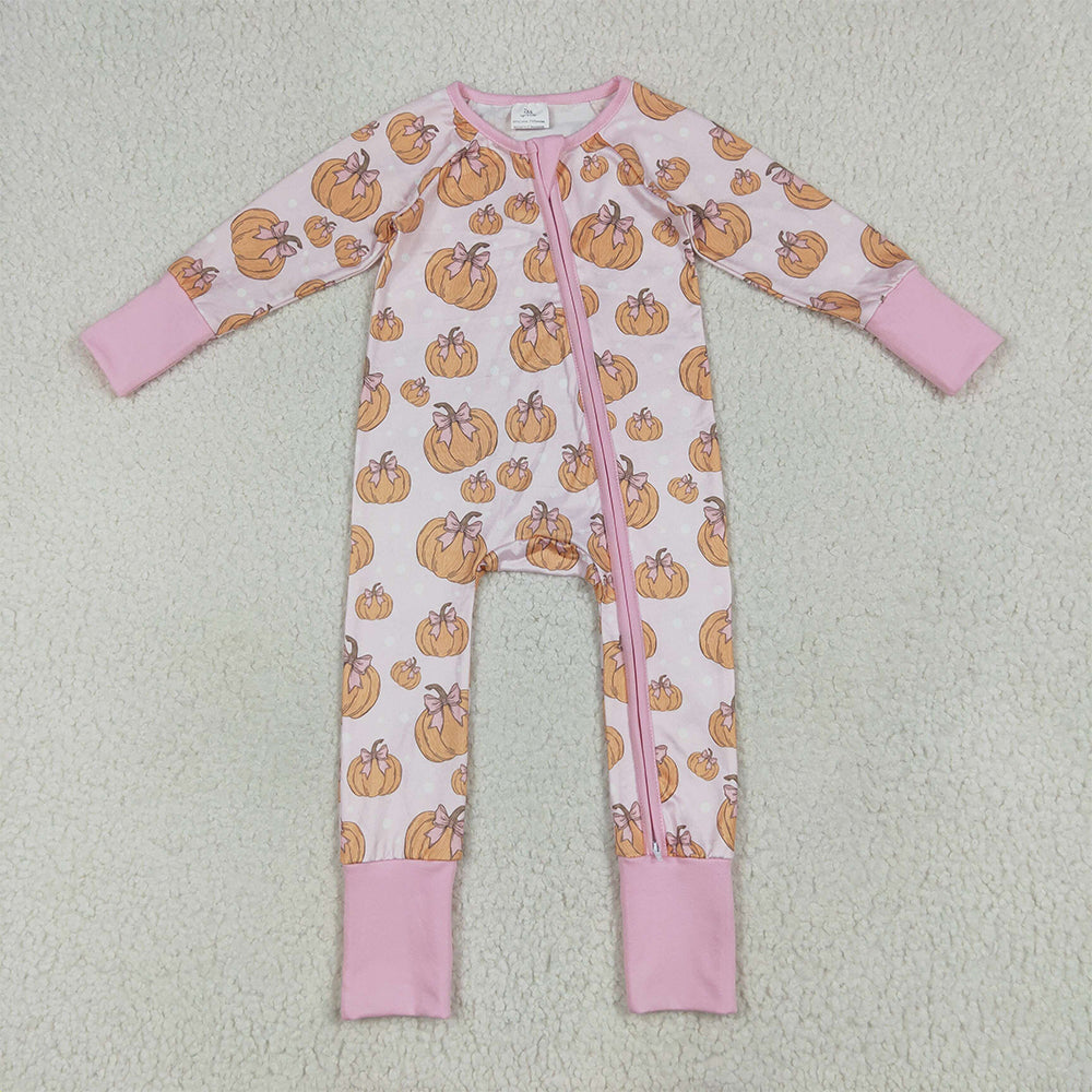 LR2271 Baby Girls Long Sleeves Pink Bows Pumpkins Plaid Zipper Rompers D 6.16
