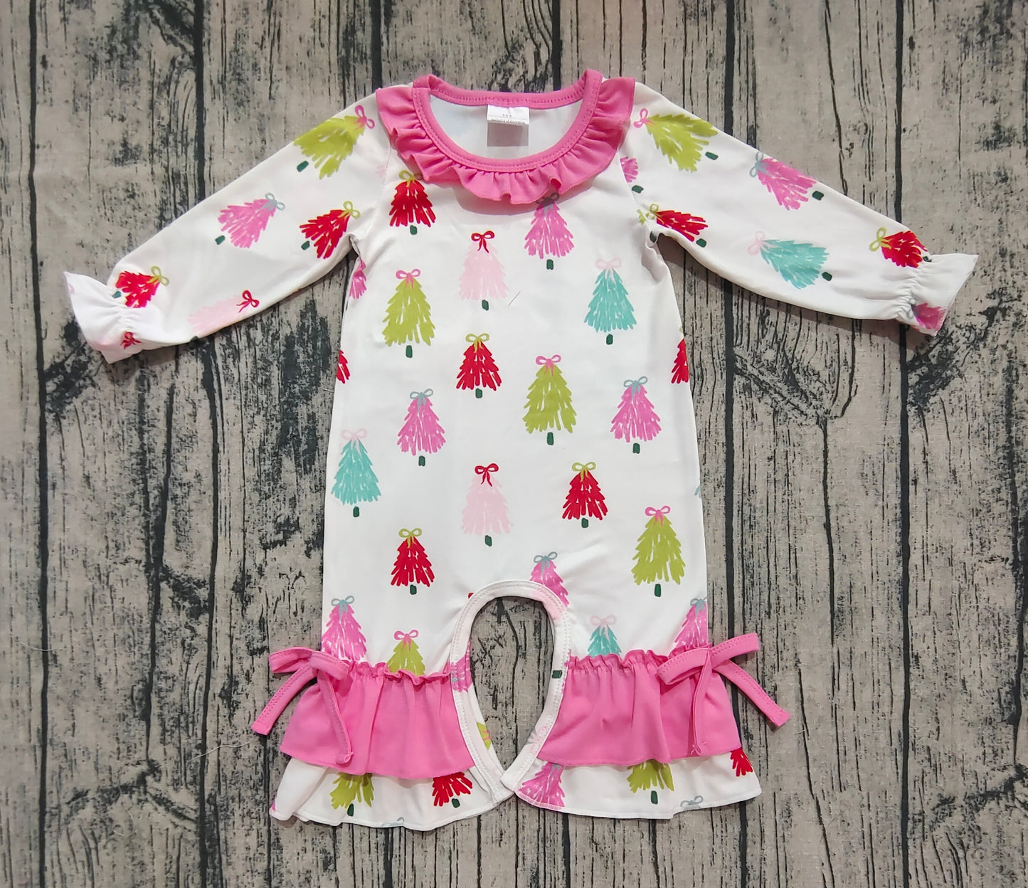 LR2280 Baby Girls Long Sleeves Colorful Bows Trees Ruffle Pant Rompers D 6.5