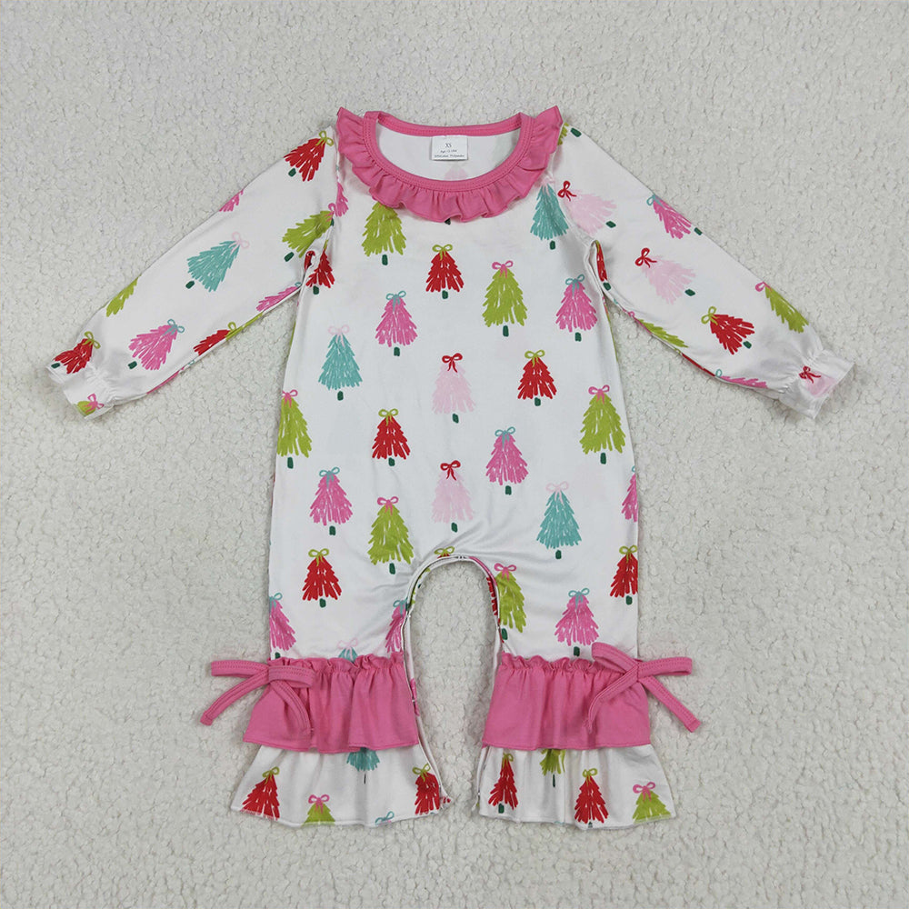 LR2280 Baby Girls Long Sleeves Colorful Bows Trees Ruffle Pant Rompers D 6.5