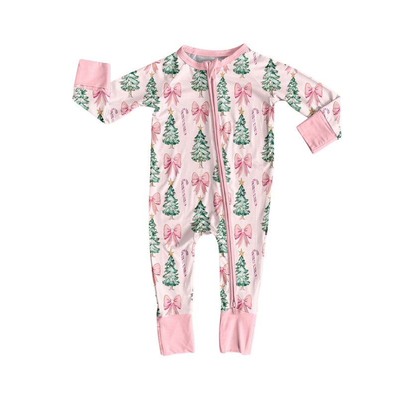 LR2283 Baby Girls Long Sleeves Pink Bows Trees Zipper Pant Rompers D 6.2