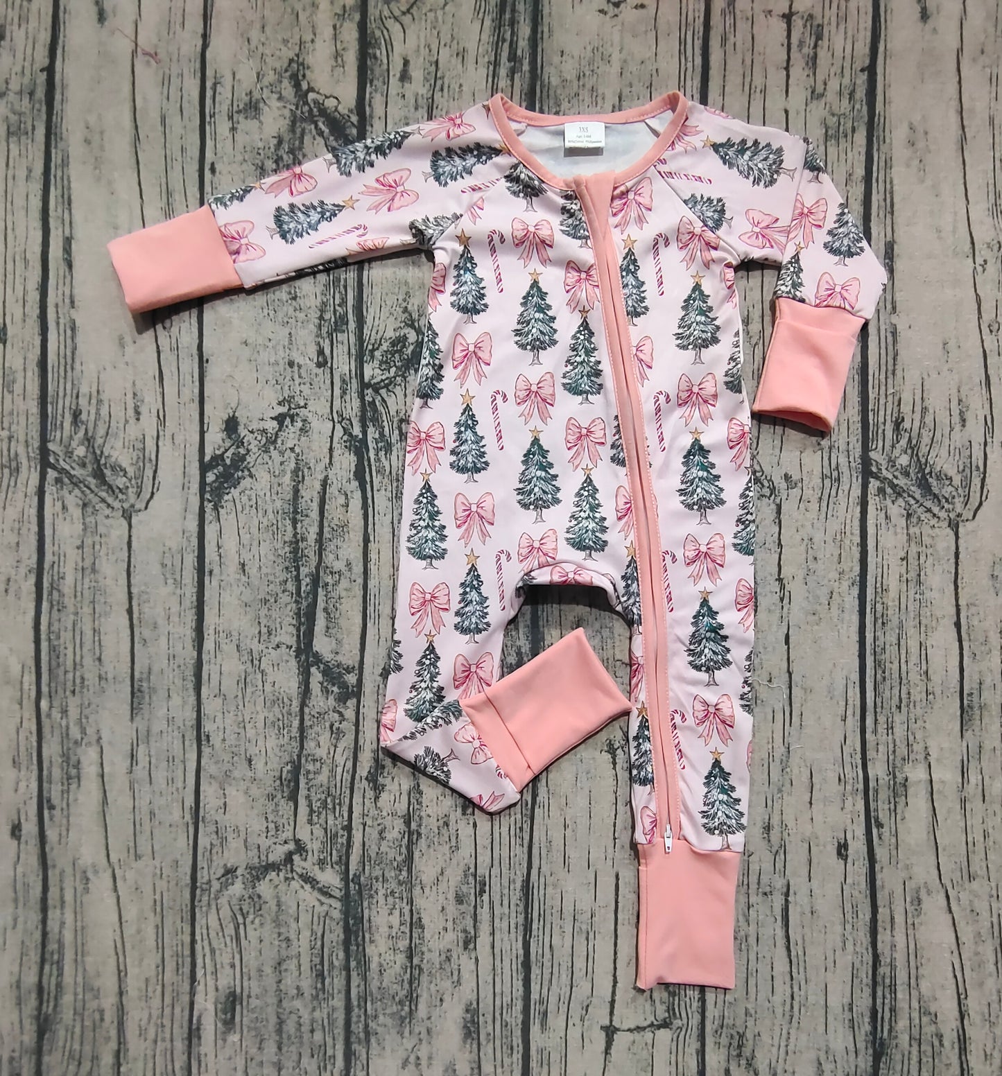 LR2283 Baby Girls Long Sleeves Pink Bows Trees Zipper Pant Rompers D 6.2
