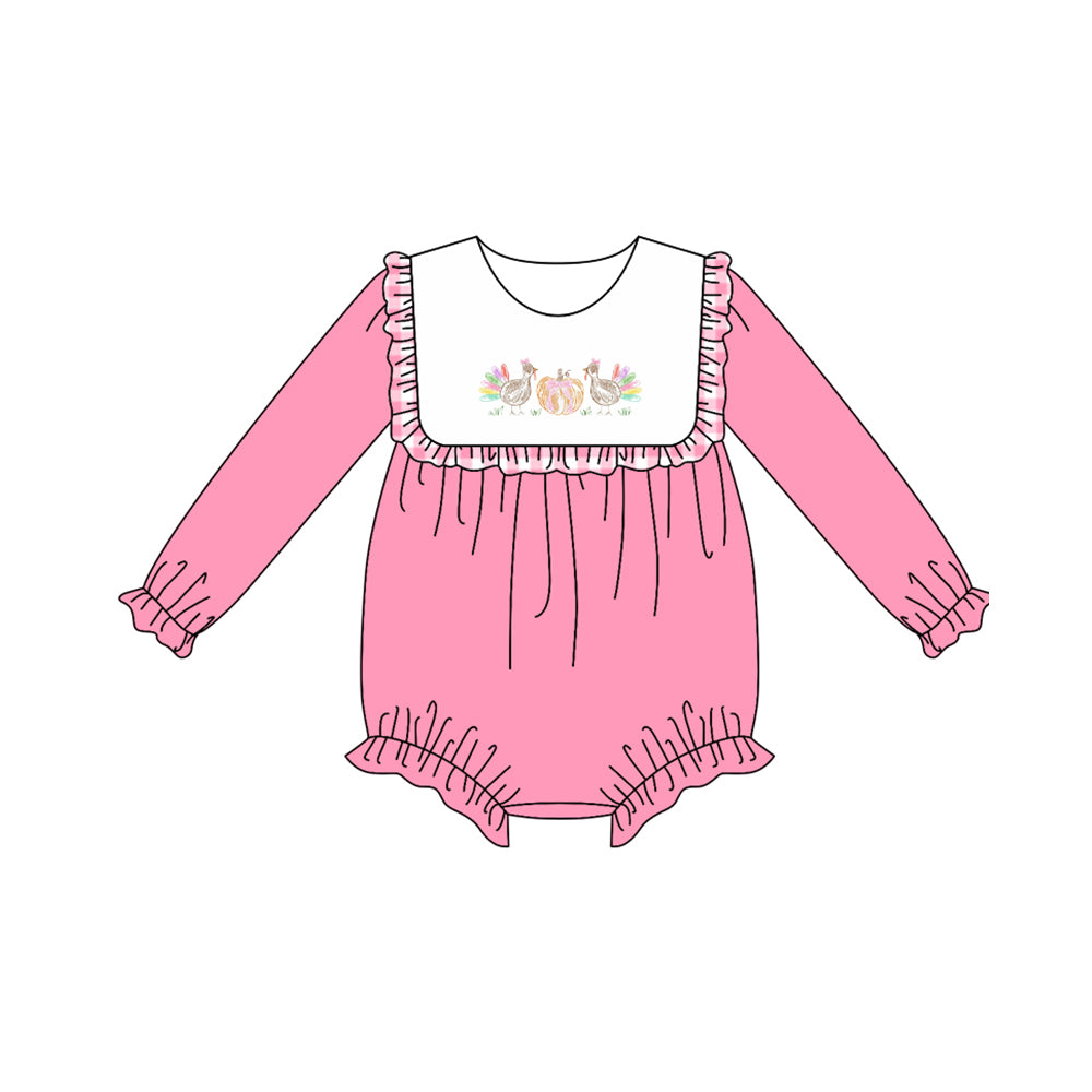 LR2287 Baby Girls Pink Long Sleeves Turkey Pumpkins Ruffle Rompers D 7.21