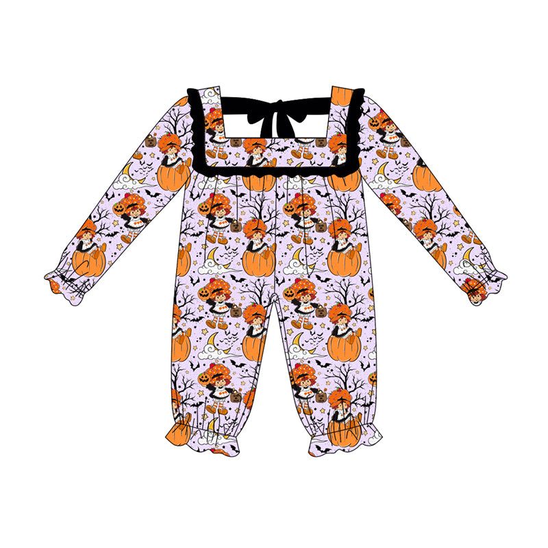 presale LR2290 Baby Girls Long Sleeves Lavender Ghost Pumpkins Ruffle Rompers D 6.4