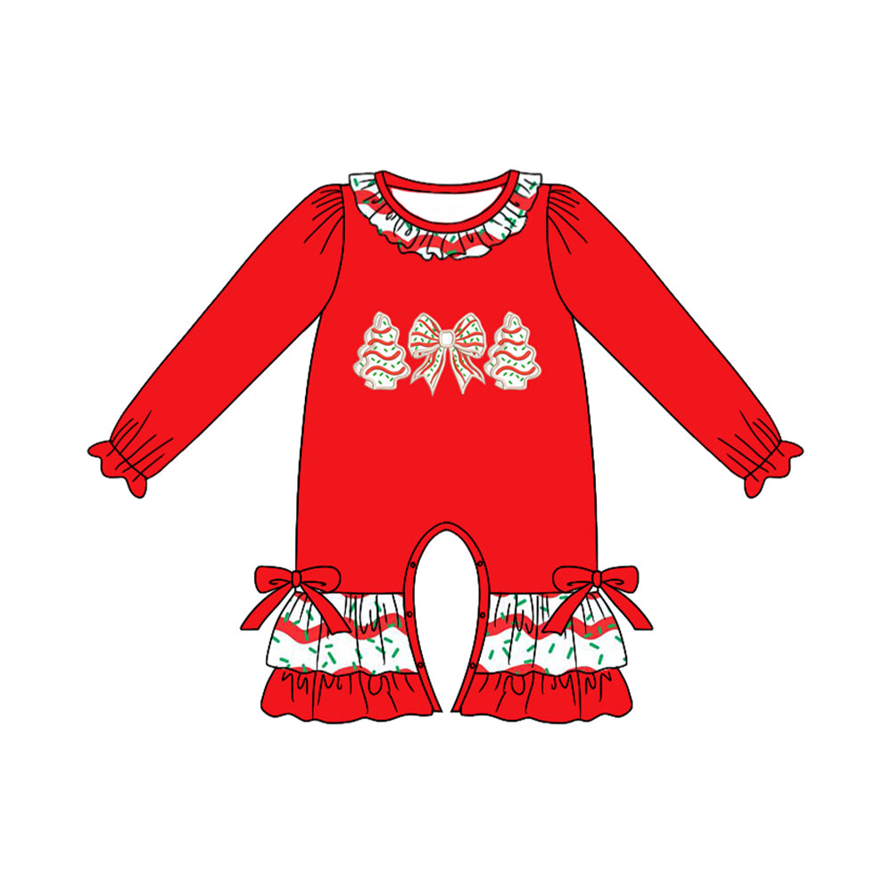 presale LR2294 Baby Girls Red Long Ruffle Sleeves Bows Tree Pant Rompers D 6.4