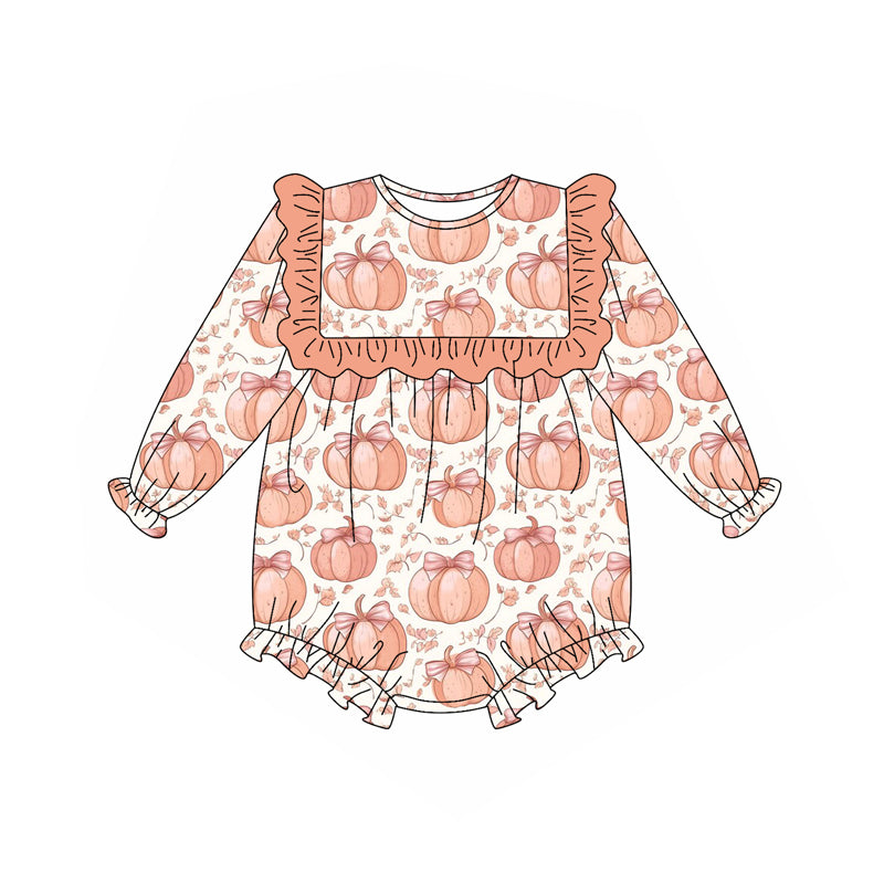 LR2295 Baby Girls Long Ruffle Sleeves Bows Pumpkins Rompers D 6.9
