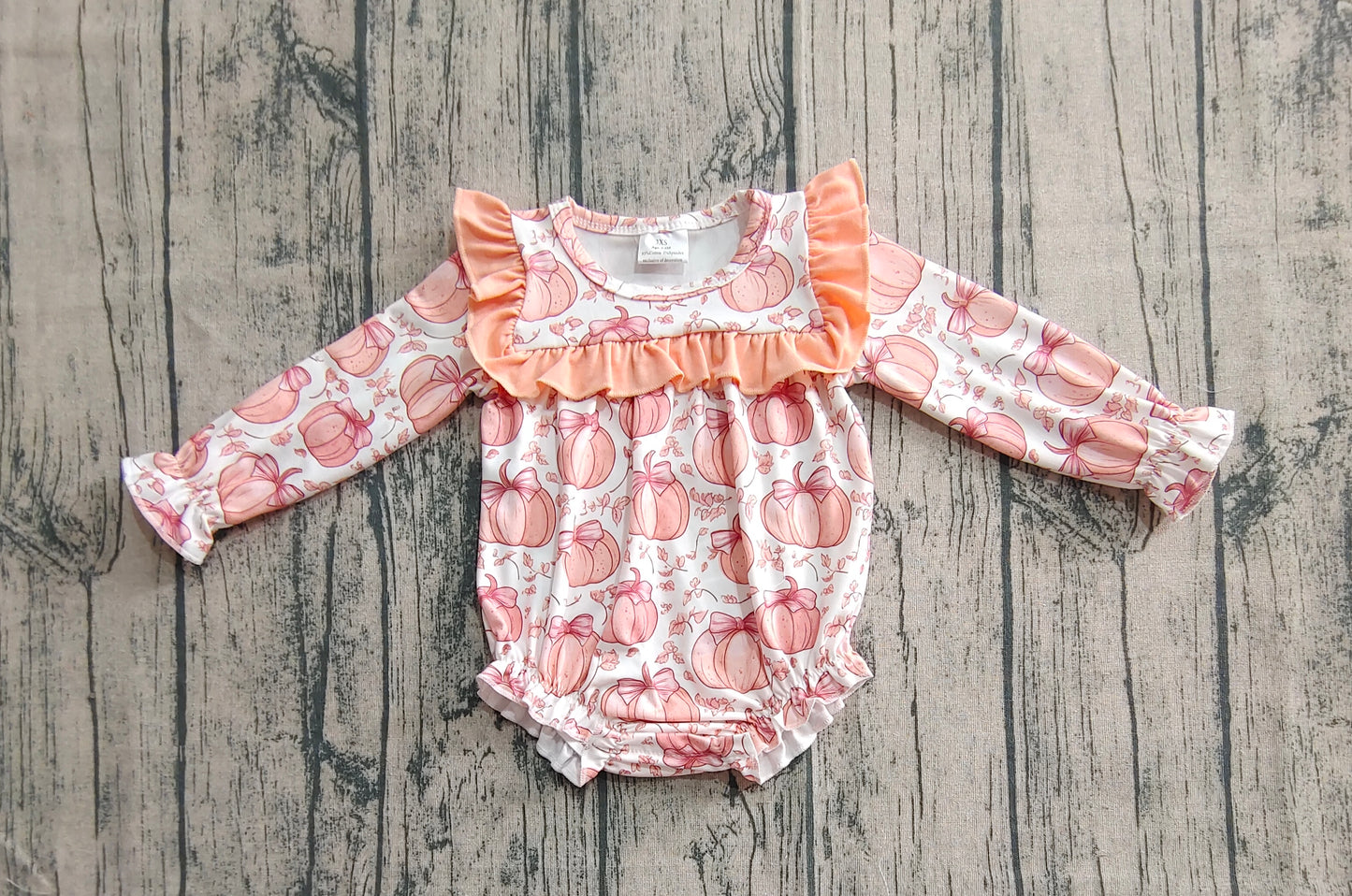 LR2295 Baby Girls Long Ruffle Sleeves Bows Pumpkins Rompers D 6.9