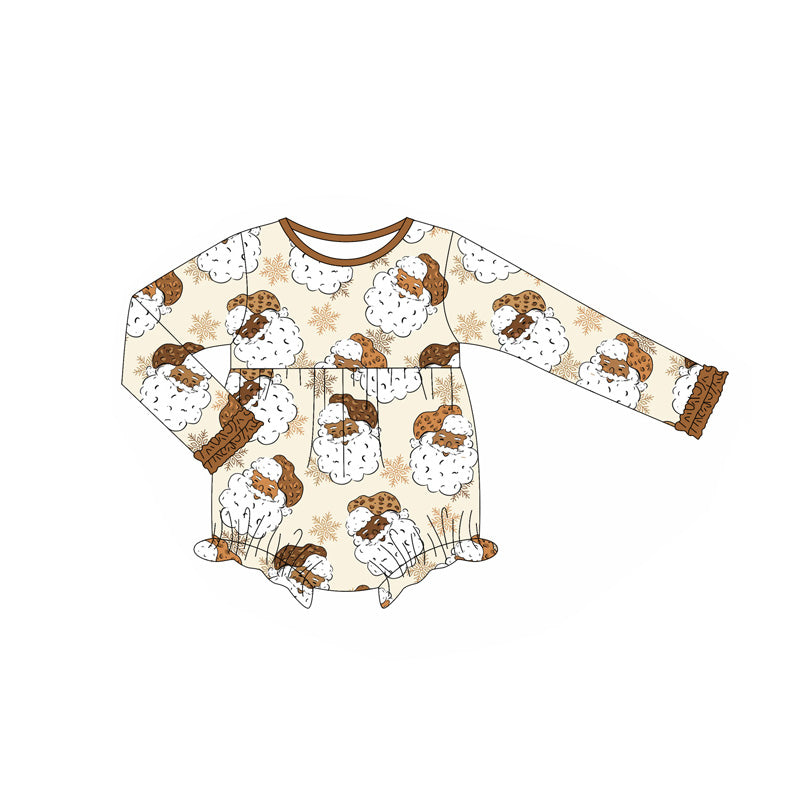presale LR2299 Baby Girls Long Ruffle Sleeves Khaki Santa Snowflake Rompers D 6.10