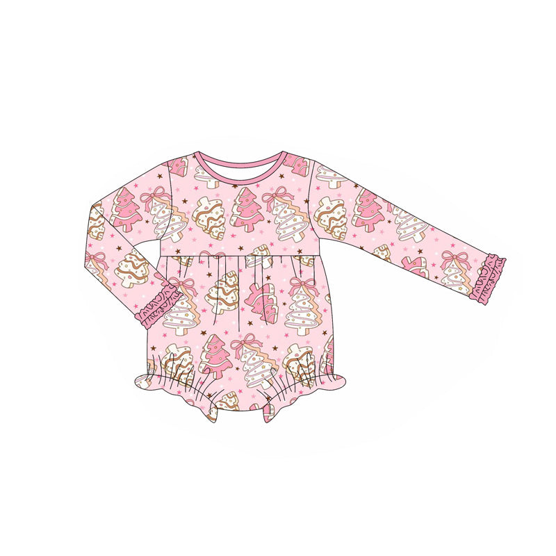 LR2301 Baby Girls Long Ruffle Sleeves Pink Bows Christmas Trees Plaid Rompers D 908