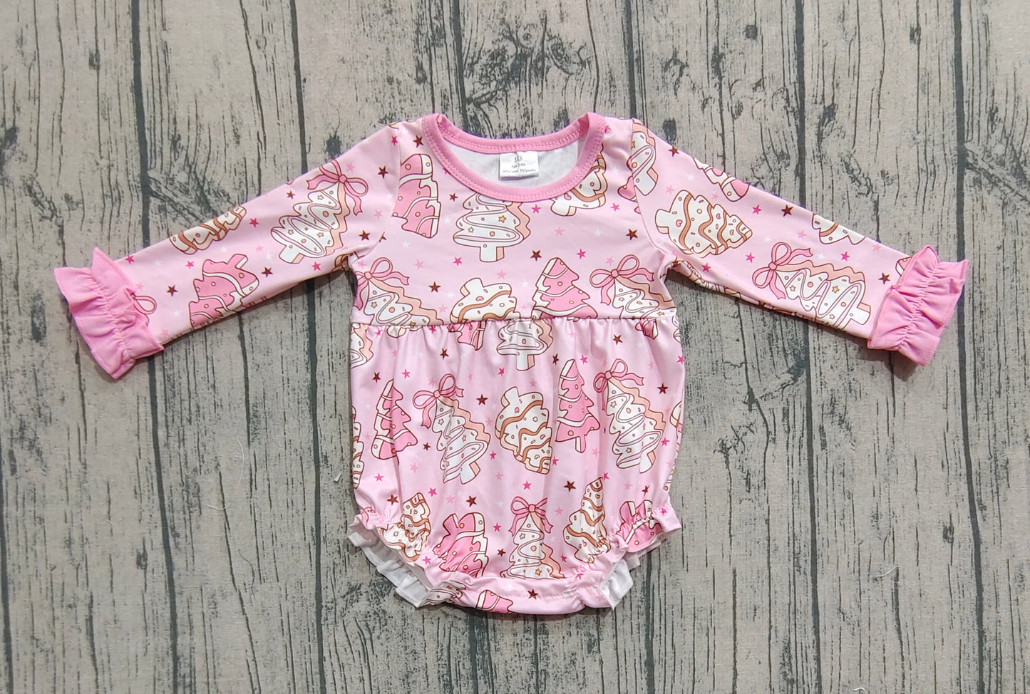 LR2301 Baby Girls Long Ruffle Sleeves Pink Bows Christmas Trees Plaid Rompers D 908