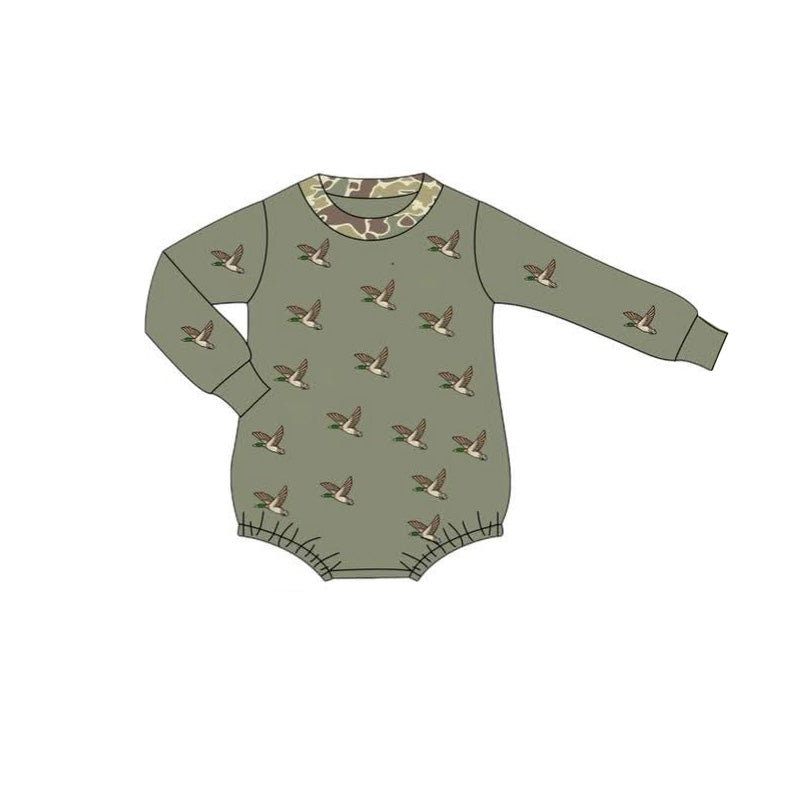 LR2302 Baby Boys Long Sleeves Dark Green Ducks Plaid Rompers D 1111