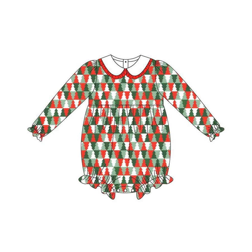 presale LR2322 Baby Girls Green Red Plaid Long Sleeves Trees Plaid Ruffle Rompers D 6.14
