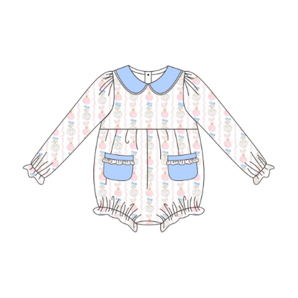 presale LR2323 Baby Girls Long Sleeves Pumpkin Floral Stripe Pockets Ruffle Rompers D 6.14