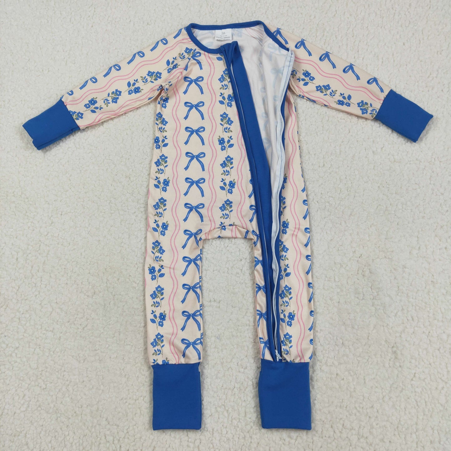 LR2327 Baby Girls Long Sleeves Blue Bows Flowers Stripe Zipper Pant Rompers D 7.14