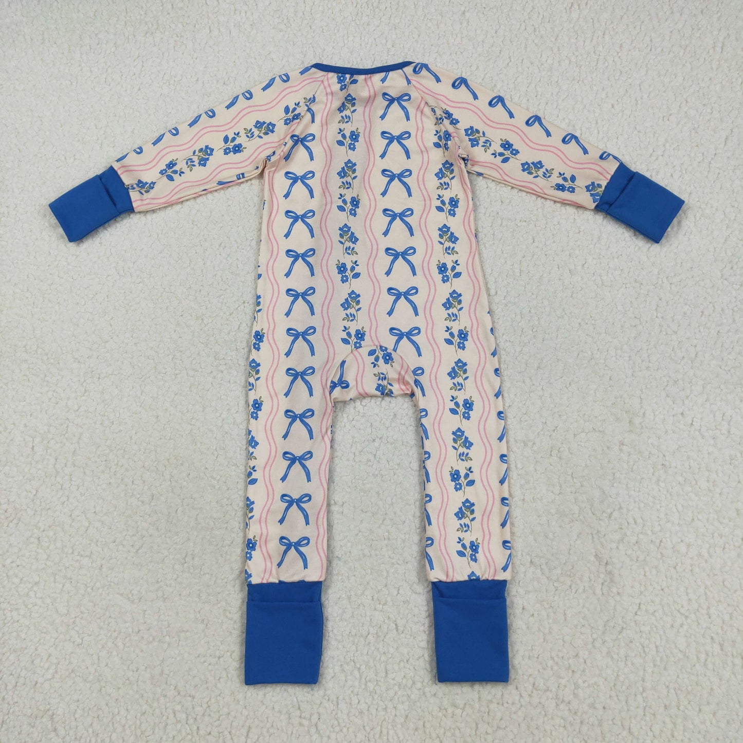 LR2327 Baby Girls Long Sleeves Blue Bows Flowers Stripe Zipper Pant Rompers D 7.14