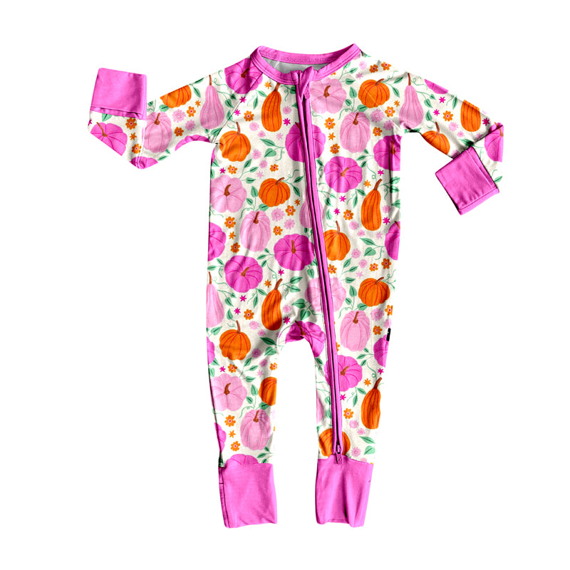 presale LR2348 Baby Girls Pink Long Sleeves Flower Pumpkins Zipper Rompers D 6.19